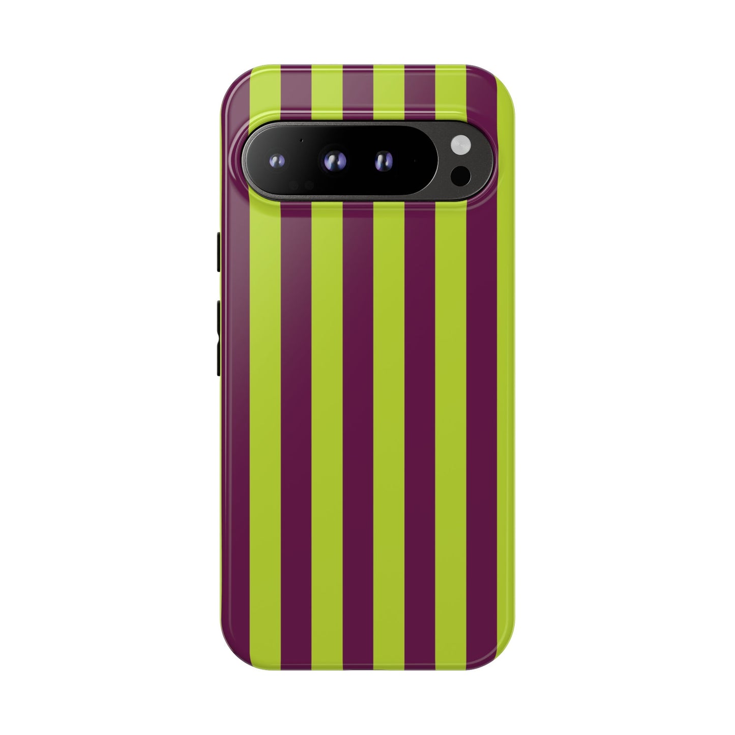 Google Pixel 9 Pro XL / Glossy Phone Case - Trendy Neon Lime Green & Plum Stripe Pattern Phone Case