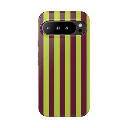 Google Pixel 9 Pro XL / Glossy Phone Case - Trendy Neon Lime Green & Plum Stripe Pattern Phone Case