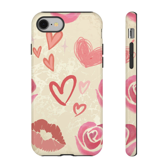 iPhone 8 / Glossy Phone Case - ’Pink Heart & Rose Pattern’ Phone Case