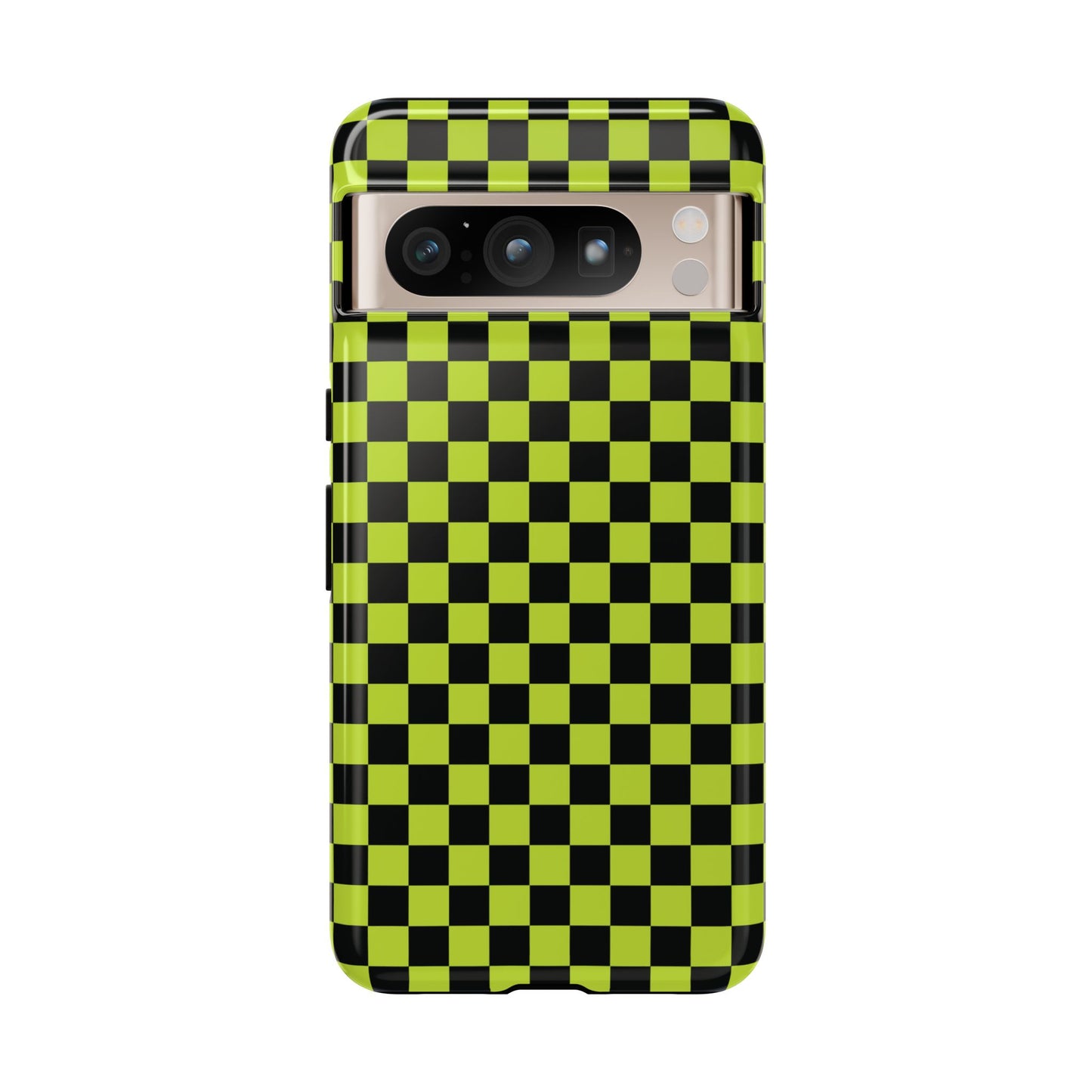 Google Pixel 8 Pro / Glossy Phone Case - Trendy Neon Lime Green & Plum Small Checked Pattern Phone Case