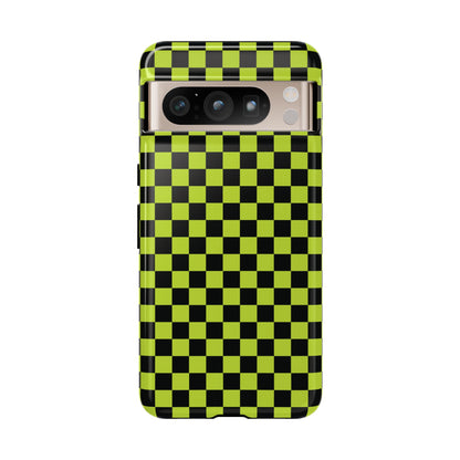 Google Pixel 8 Pro / Glossy Phone Case - Trendy Neon Lime Green & Plum Small Checked Pattern Phone Case