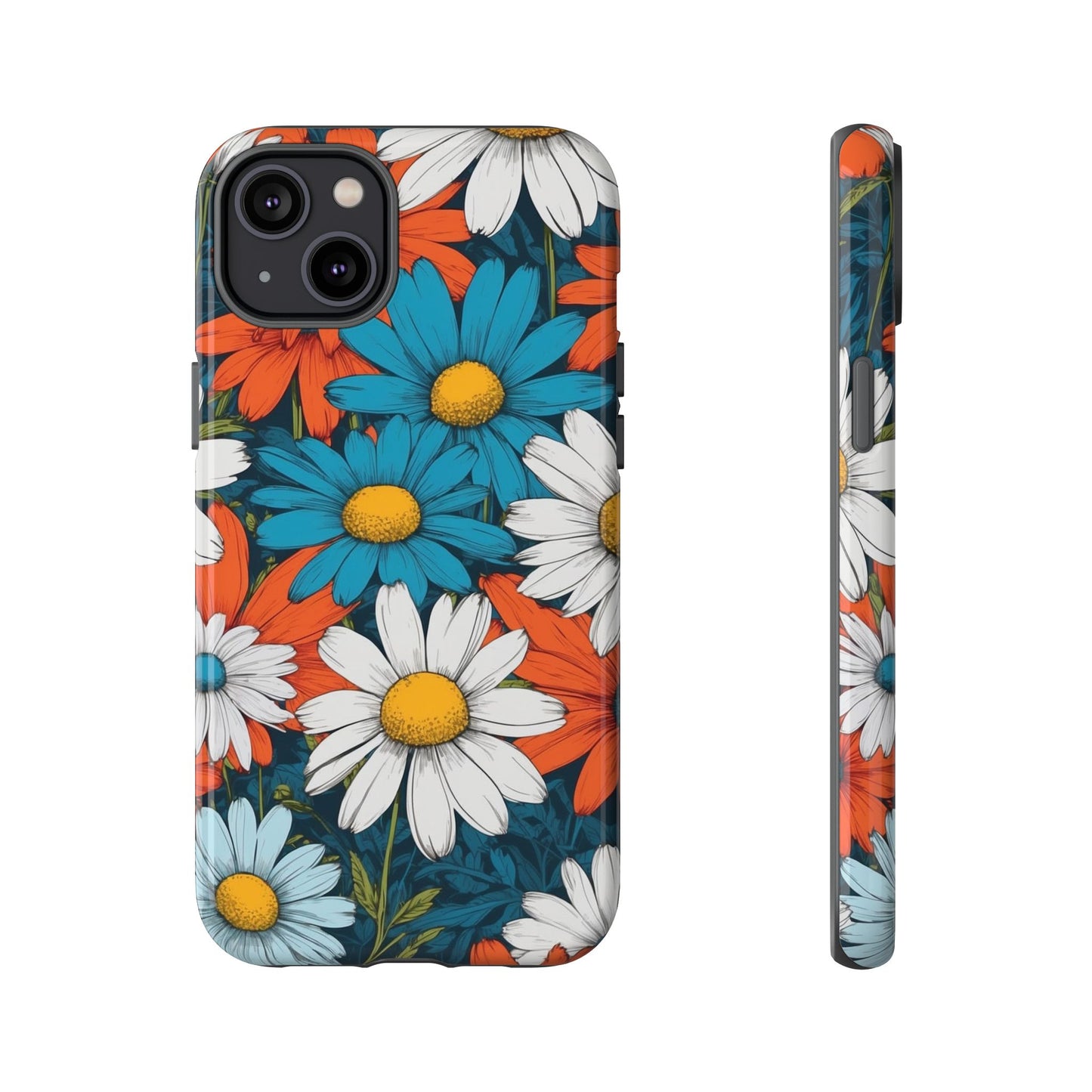 iPhone 14 Plus / Glossy Phone Case - Pop Art Daisies Illustration ’Red & Blue’ Phone Case