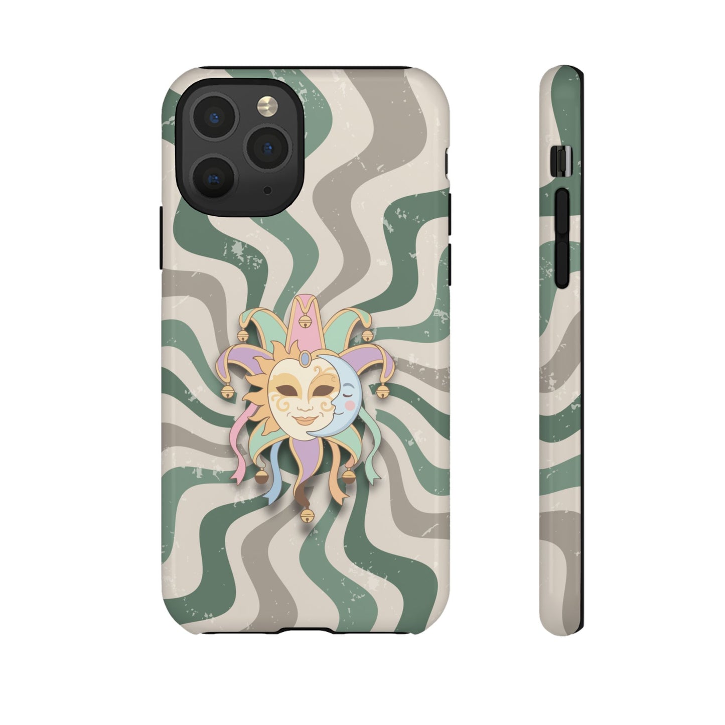 iPhone 11 Pro / Glossy Phone Case - Sun & Moon Jester Mask – Green Retro Wave Phone Case