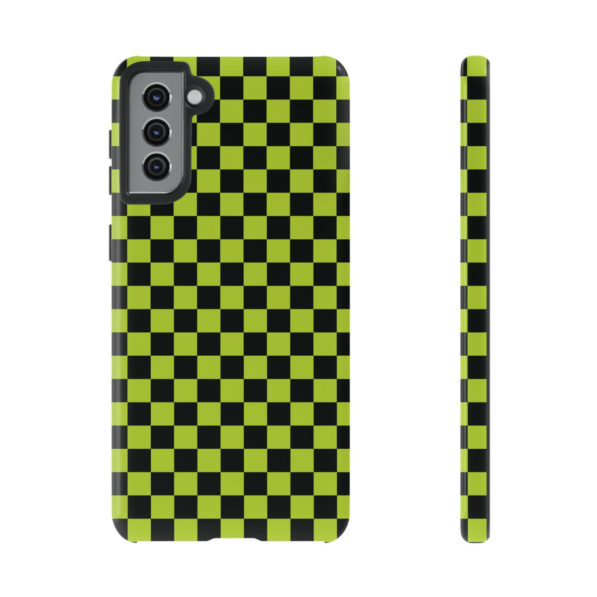 Trendy Neon Lime Green & Black Small Checked Pattern Phone Case - Green Phone Case - Samsung Galaxy S21 Plus / Glossy