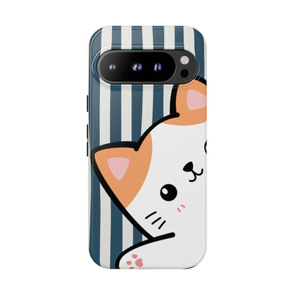 Playful Peakaboo Cat with Blue Stripe Pattern Phone Case - Blue Phone Case - Google Pixel 9 Pro / Glossy
