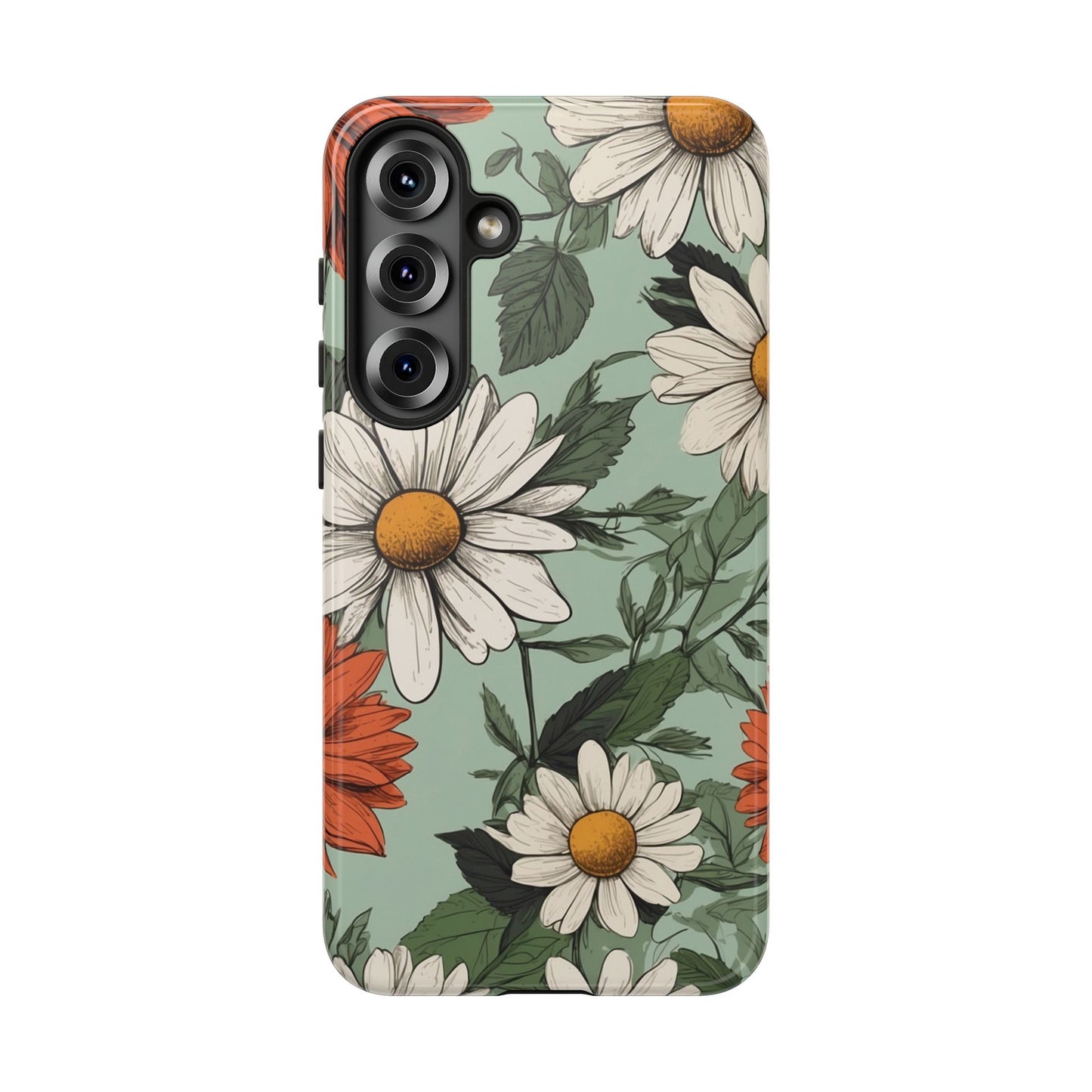 Samsung Galaxy S25 Plus / Glossy Phone Case - Boho Chic Daisies Floral Pattern ’White & Orange’ Phone Case