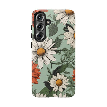 Samsung Galaxy S25 Plus / Glossy Phone Case - Boho Chic Daisies Floral Pattern ’White & Orange’ Phone Case