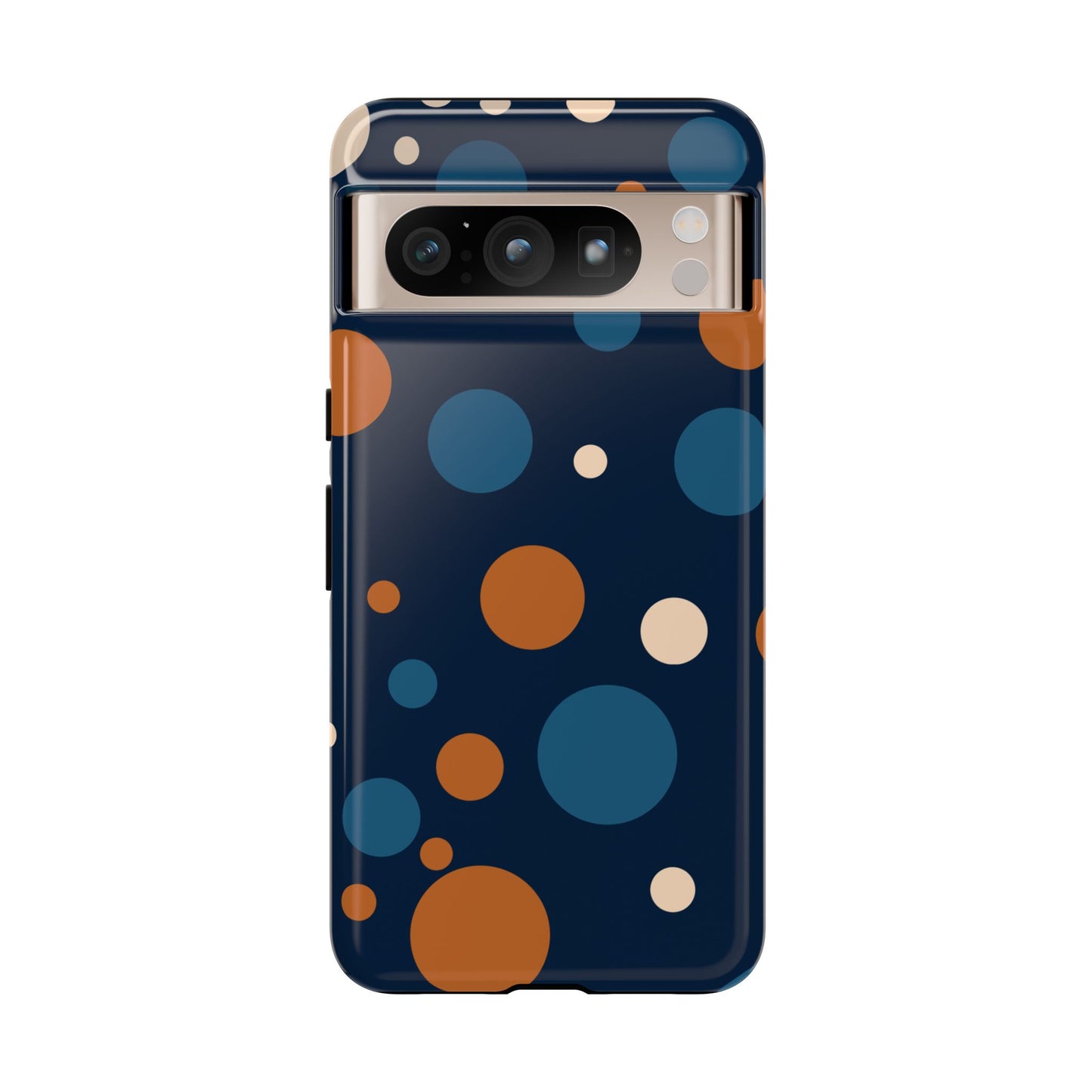 Google Pixel 8 Pro / Glossy Phone Case - ’Bold Navy Blue & Orange / White Dot Pattern’ Phone Case