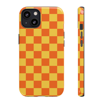 iPhone 13 / Glossy Phone Case - Trendy Orange & Yellow Checked Pattern Phone Case