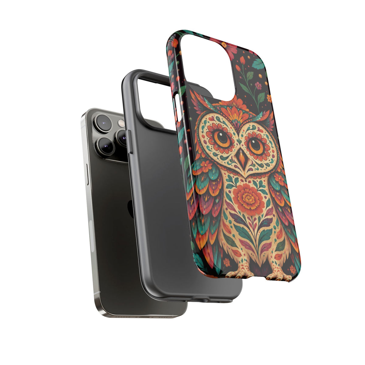 Vibrant Terracotta and Teal Calavera Owl Phone Case - Multicolor Phone Case