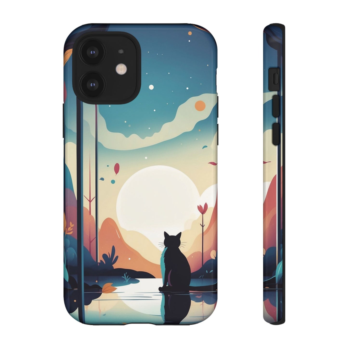 iPhone 12 / Glossy Phone Case - Stylised Cat & Moon Design Phone Case