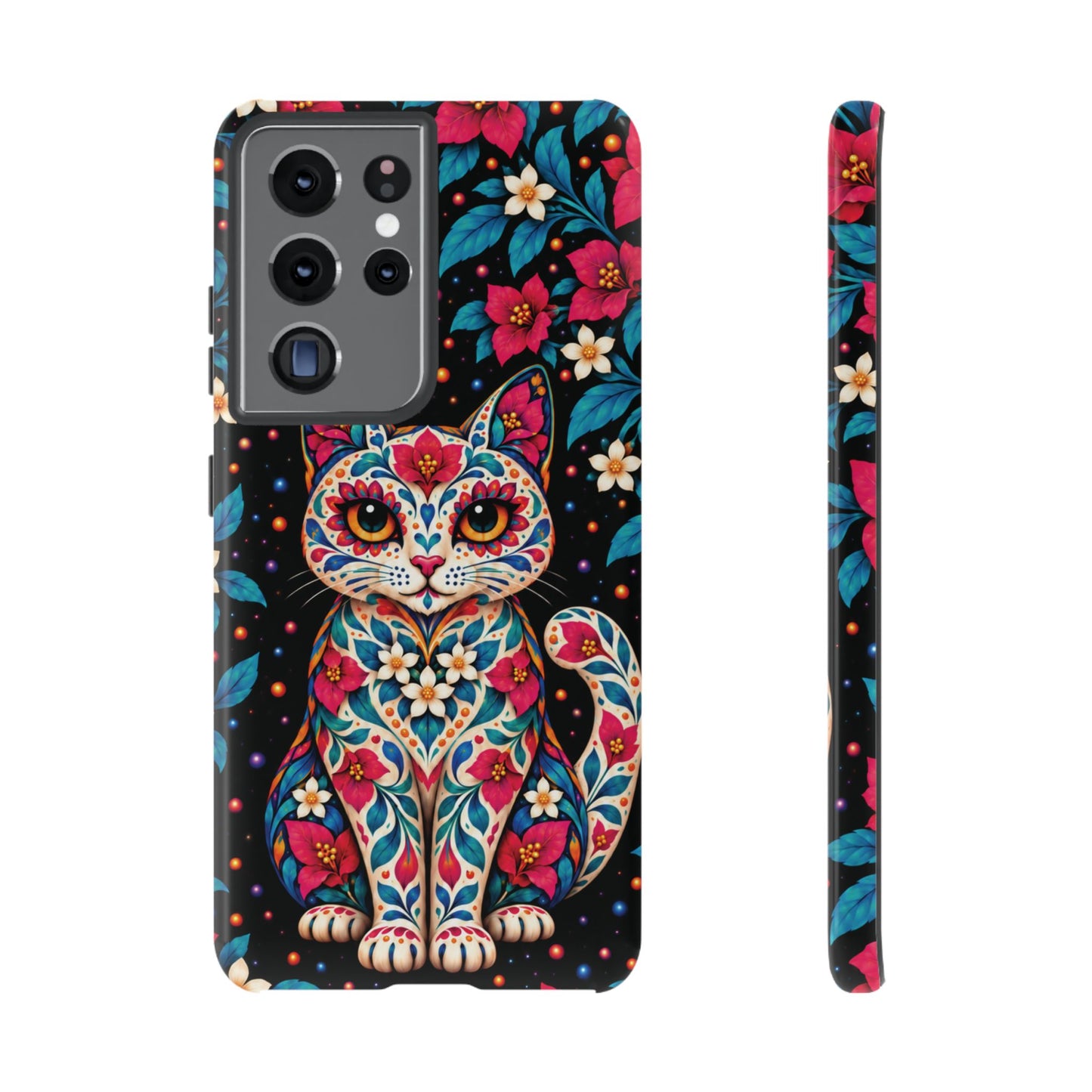 Vibrant Pink and Turquoise Calavera Cat Phone Case - Multicolor Phone Case - Samsung Galaxy S21 Ultra / Glossy