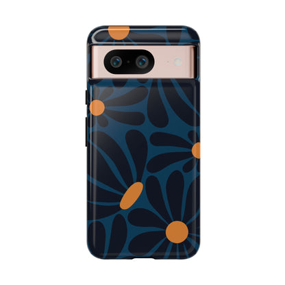 Google Pixel 8 / Glossy Phone Case - ’Dark Blue & Orange Daisy Pattern’ Phone Case