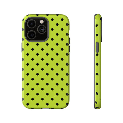 iPhone 14 Pro Max / Glossy Phone Case - Trendy Neon Lime Green & Black Dot Pattern Phone Case