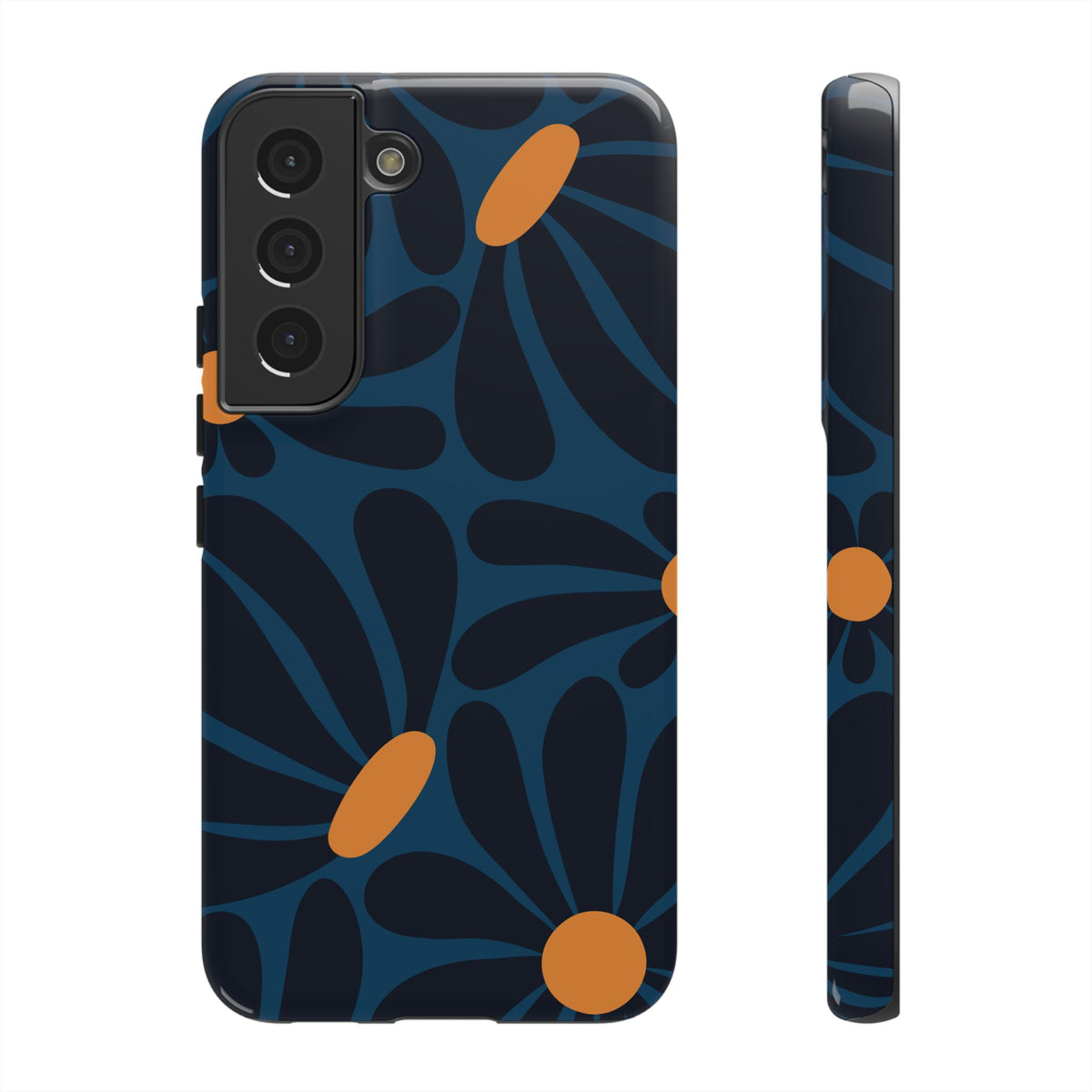 Dark Blue & Orange Daisy Pattern Phone Case - Blue Phone Case - Samsung Galaxy S22 / Glossy