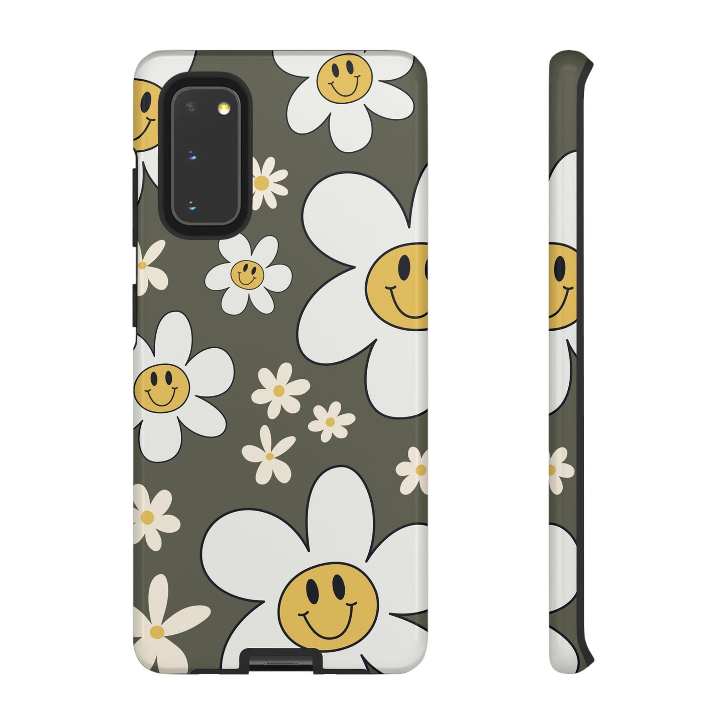 Samsung Galaxy S20 / Glossy Phone Case - Fun Retro Daisy Pattern with Olive Green Background Phone Case