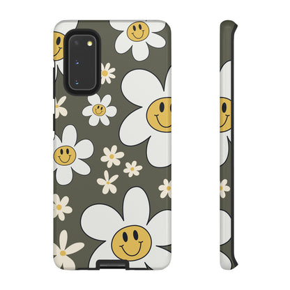 Samsung Galaxy S20 / Glossy Phone Case - Fun Retro Daisy Pattern with Olive Green Background Phone Case