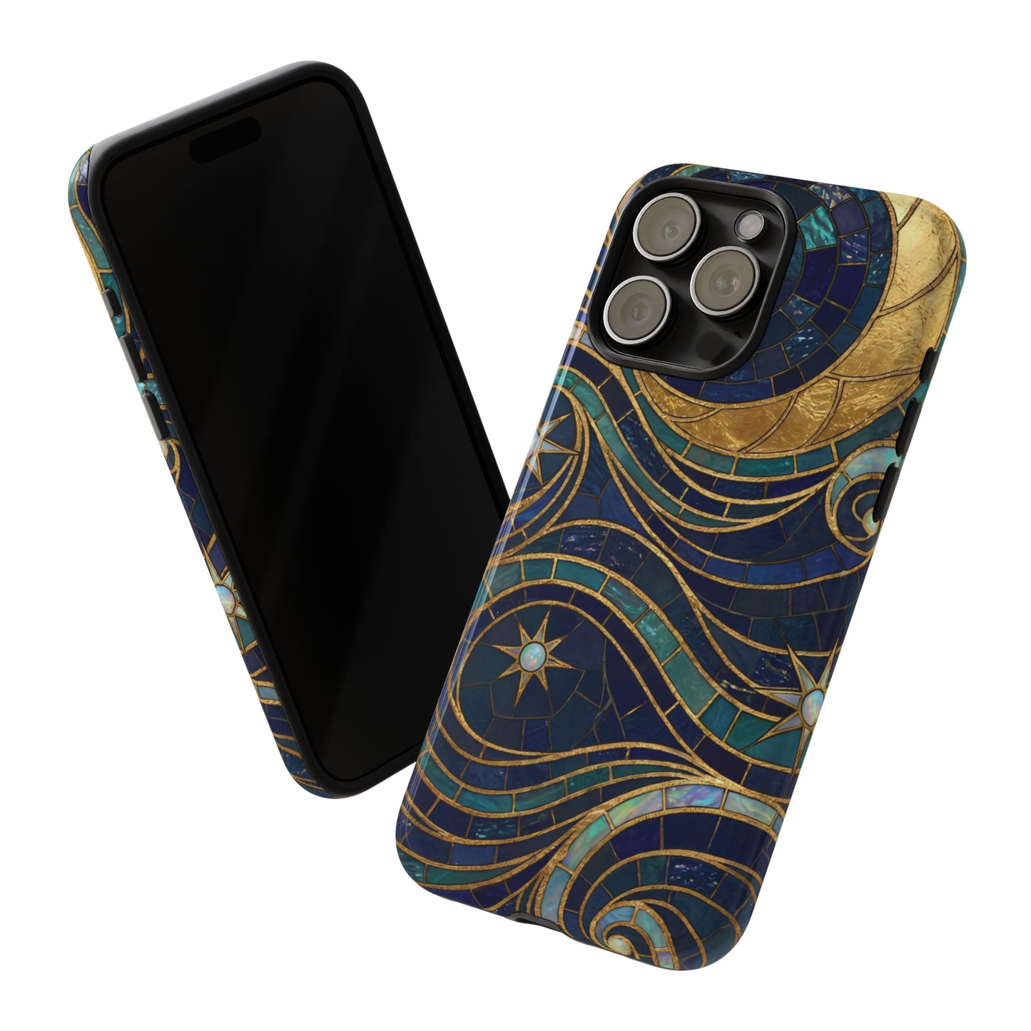 Elegant Navy & Gold Crescent Moon Mosaic Phone Case