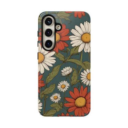 Samsung Galaxy S24 / Glossy Phone Case - Boho Chic Daisies Floral Pattern ’White & Red’ Phone Case