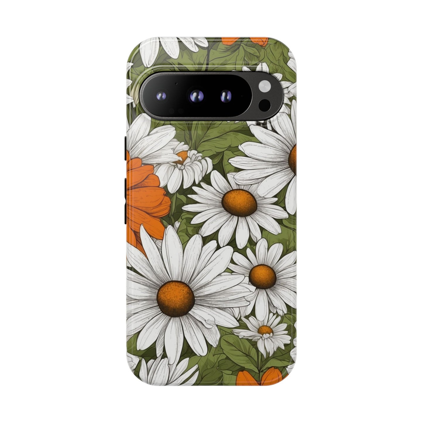 Google Pixel 9 Pro / Glossy Phone Case - Boho Chic Daisies Floral Pattern ’White Orange & Green’ Phone Case