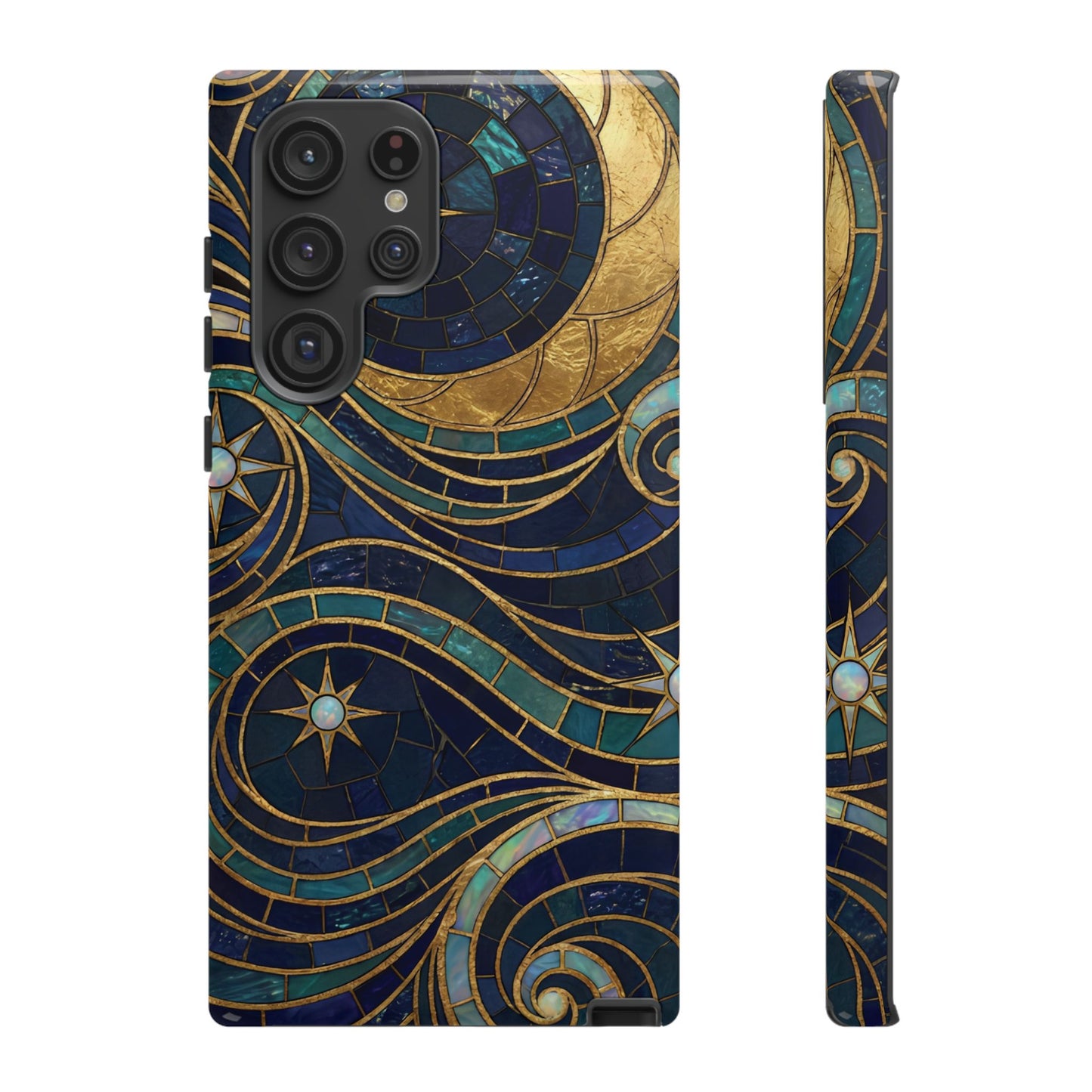 Elegant Navy & Gold Crescent Moon Mosaic Phone Case