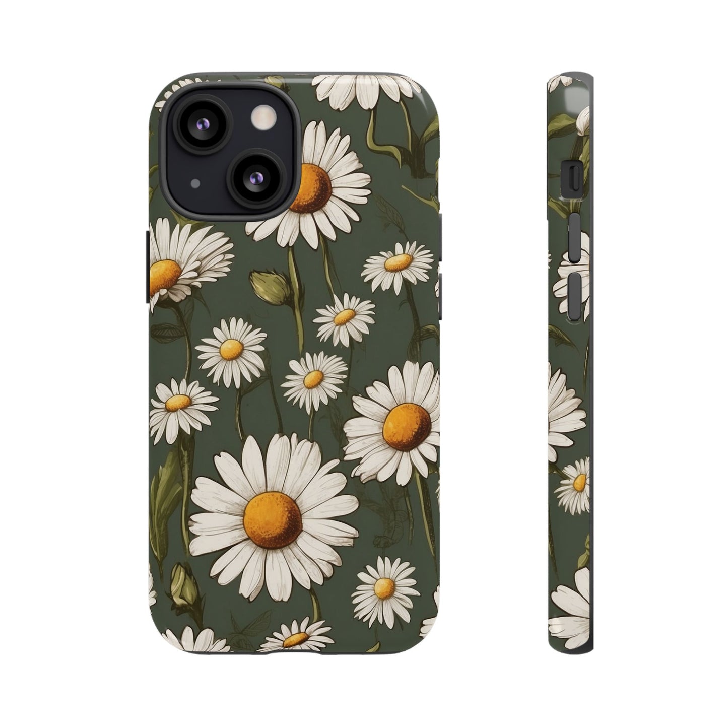 iPhone 13 Mini / Glossy Phone Case - Boho Chic Daisies Floral Pattern ’White & Green’ Phone Case