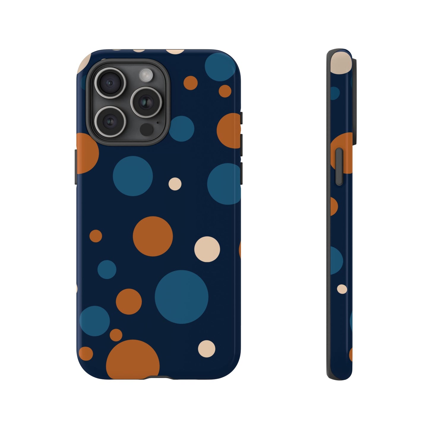 iPhone 15 Pro Max / Glossy Phone Case - ’Bold Navy Blue & Orange / White Dot Pattern’ Phone Case