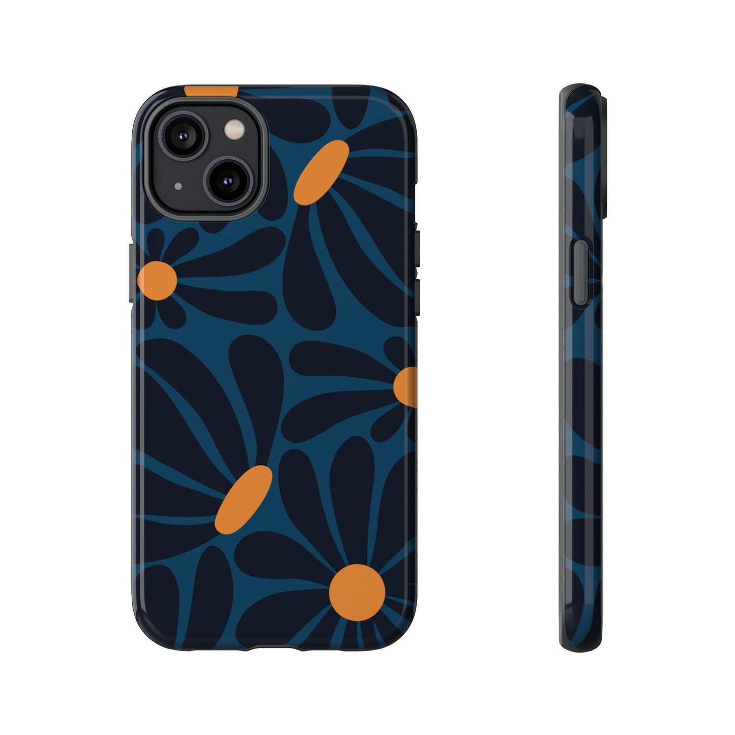 iPhone 14 Plus / Glossy Phone Case - ’Dark Blue & Orange Daisy Pattern’ Phone Case