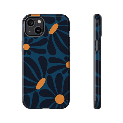 iPhone 14 Plus / Glossy Phone Case - ’Dark Blue & Orange Daisy Pattern’ Phone Case