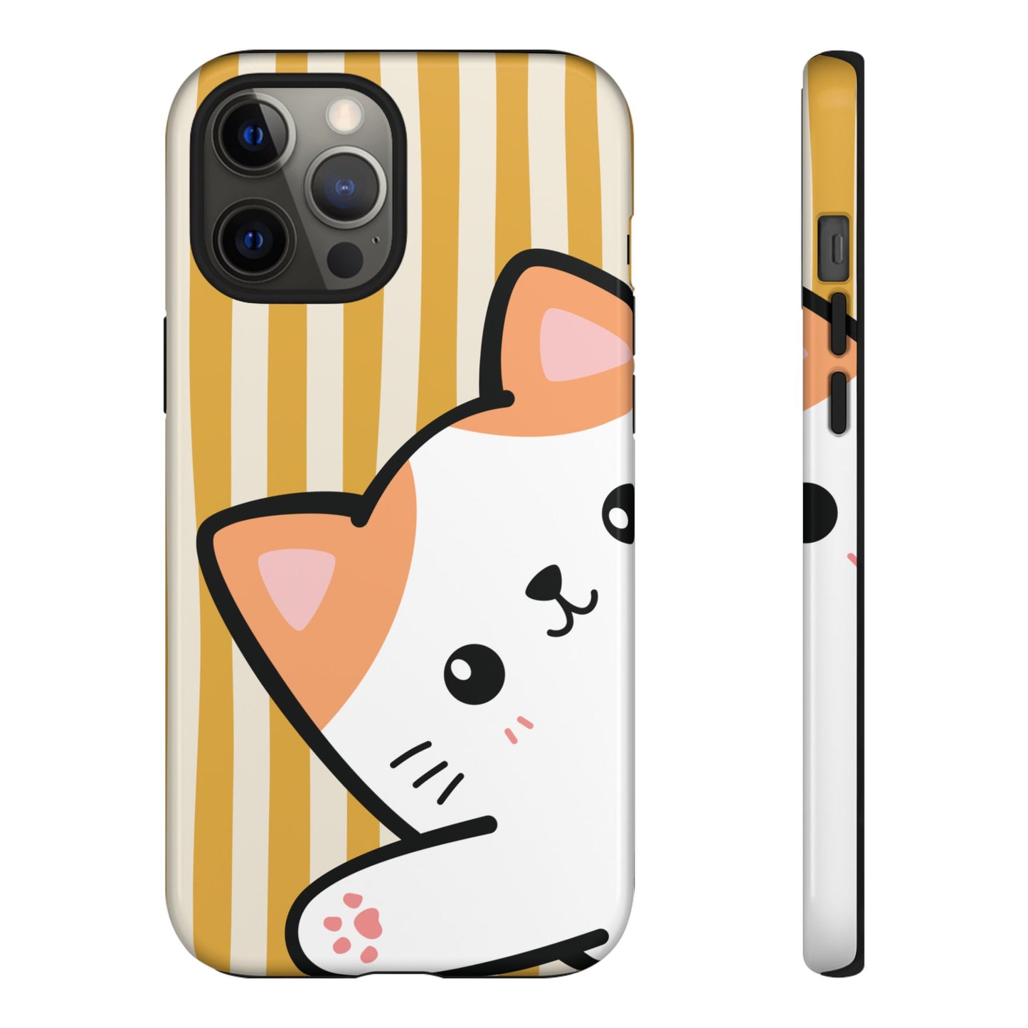 iPhone 12 Pro Max / Glossy Phone Case - Peakaboo Cat with Yellow Stripe Pattern Phone Case