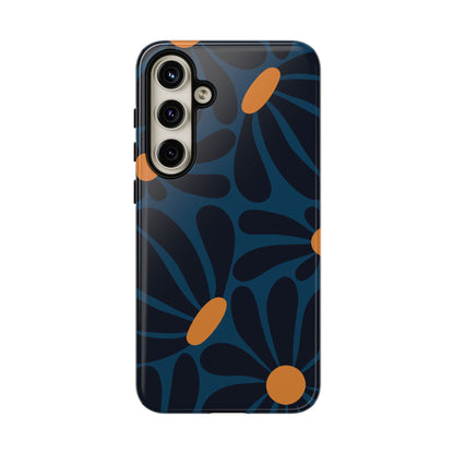 Dark Blue & Orange Daisy Pattern Phone Case - Blue Phone Case - Samsung Galaxy S24 Plus / Glossy