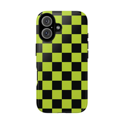 Trendy Neon Lime Green & Black Checked Pattern Phone Case - Green Phone Case - iPhone 16 / Glossy