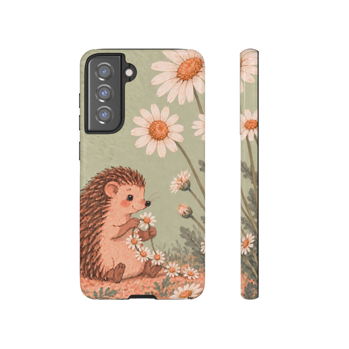 Whimsical Sage Green Hedgehog and Daisy Chain Phone Case - Green Phone Case - Samsung Galaxy S21 FE / Glossy