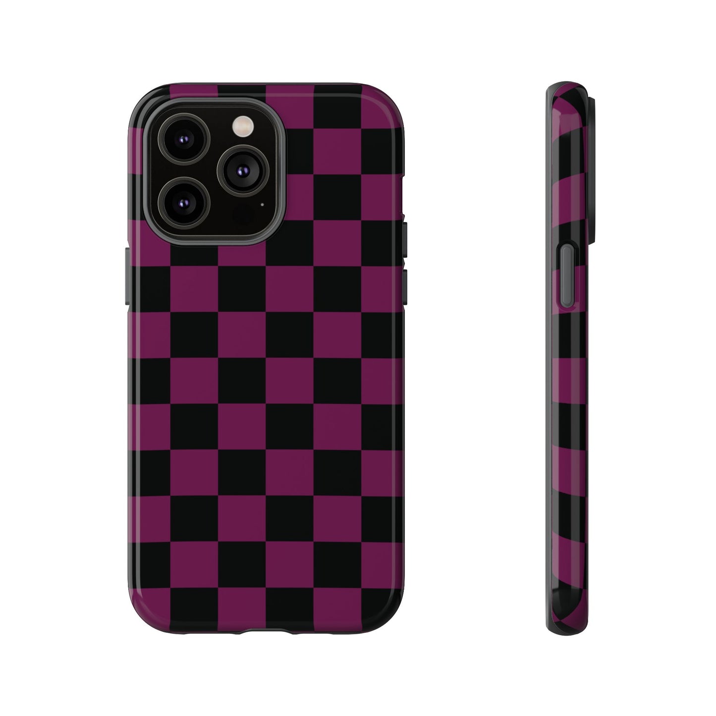 iPhone 14 Pro Max / Glossy Phone Case - Trendy Plum & Black Checked Pattern Phone Case