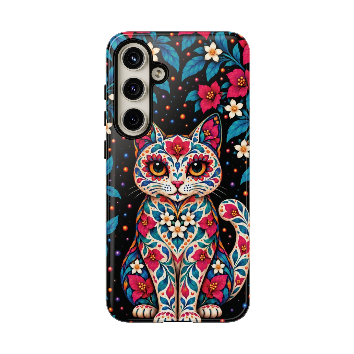 Vibrant Pink and Turquoise Calavera Cat Phone Case - Multicolor Phone Case - Samsung Galaxy S24 Plus / Glossy