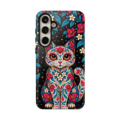 Vibrant Pink and Turquoise Calavera Cat Phone Case - Multicolor Phone Case - Samsung Galaxy S24 Plus / Glossy