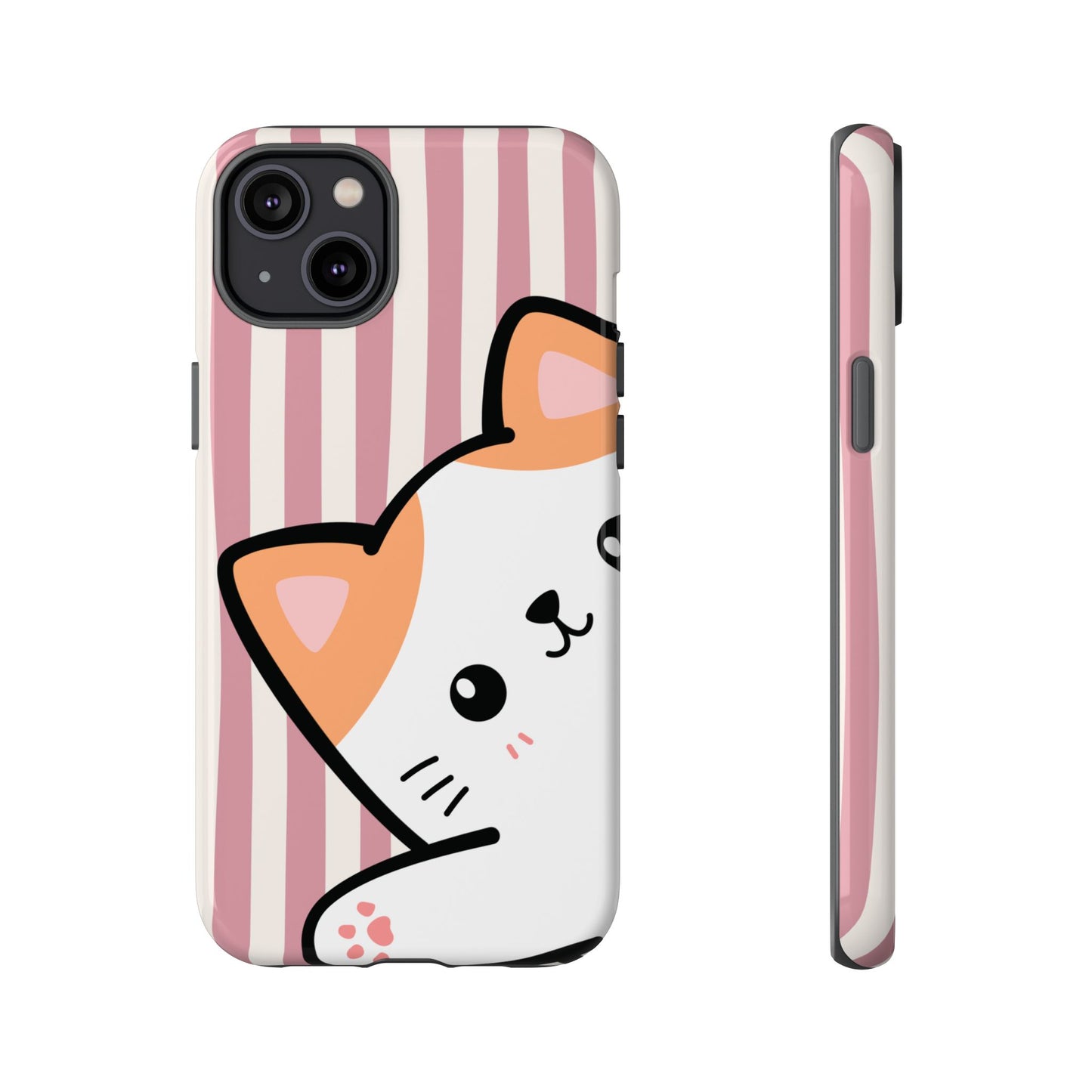 Playful Peakaboo Cat with Pink Stripe Pattern Phone Case - Pink Phone Case - iPhone 14 Plus / Glossy
