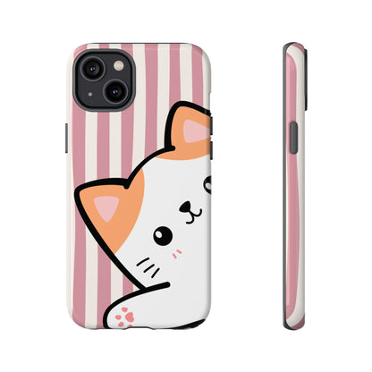 Playful Peakaboo Cat with Pink Stripe Pattern Phone Case - Pink Phone Case - iPhone 14 Plus / Glossy