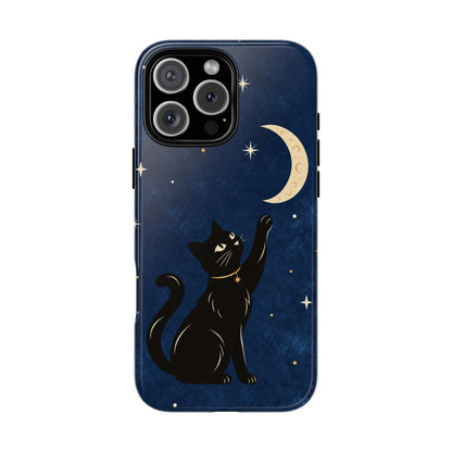 Whimsical Navy Blue Celestial Black Cat Phone Case