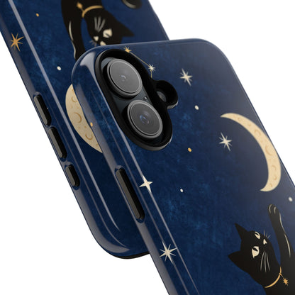Whimsical Navy Blue Celestial Black Cat Phone Case