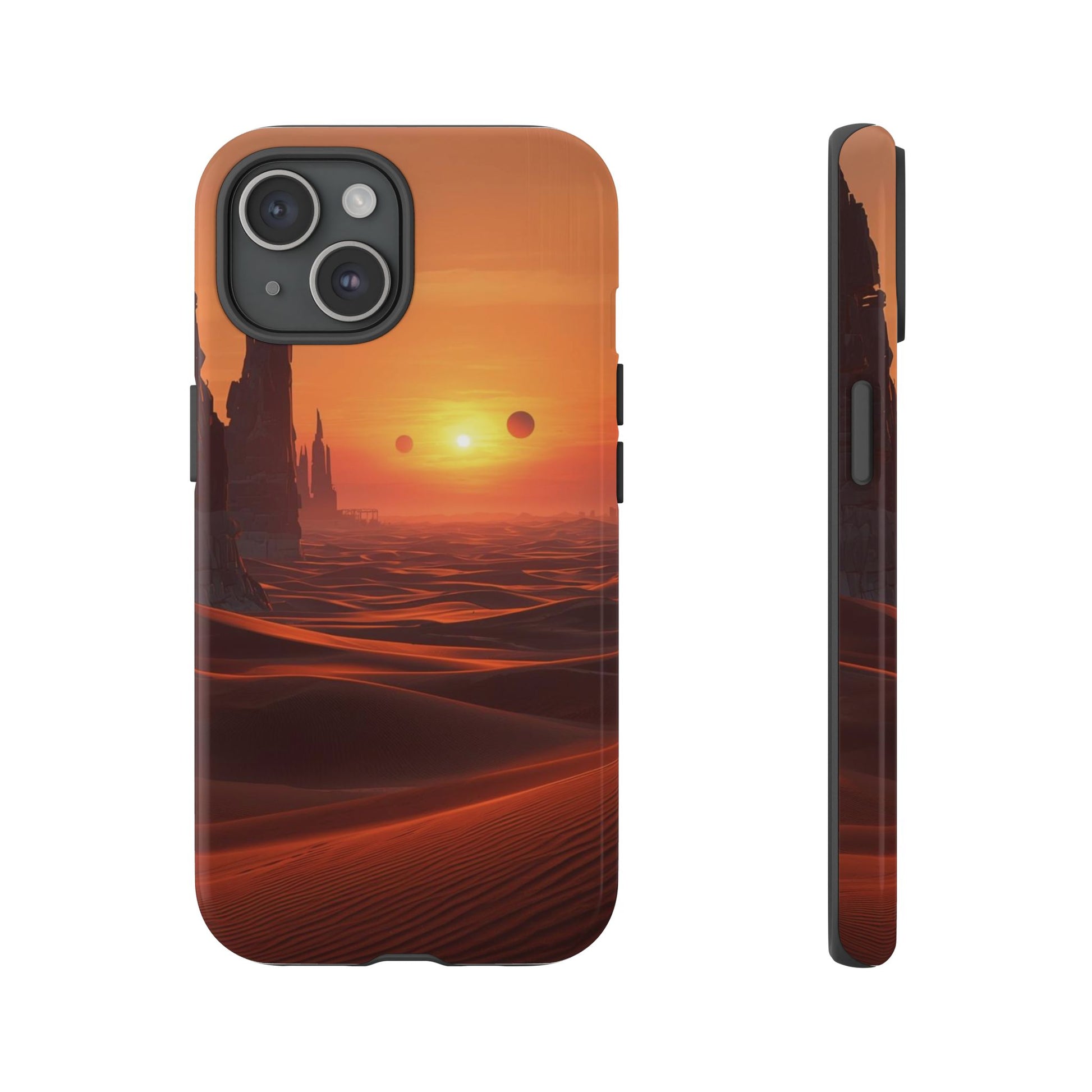 Twin Suns Desert World Sci-fi Phone Case - Orange Phone Case - iPhone 15 / Glossy