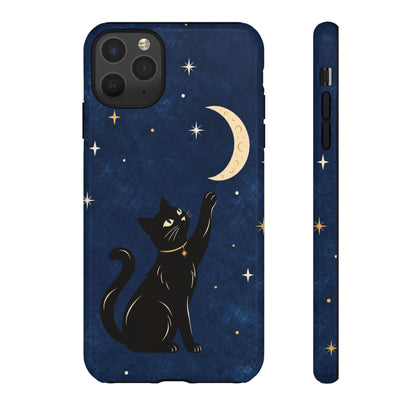 Whimsical Navy Blue Celestial Black Cat Phone Case