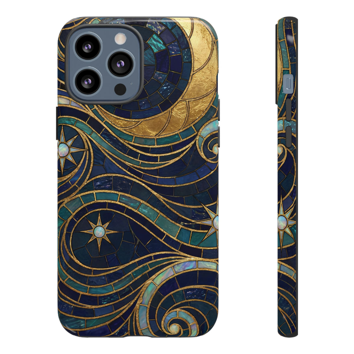 Elegant Navy & Gold Crescent Moon Mosaic Phone Case