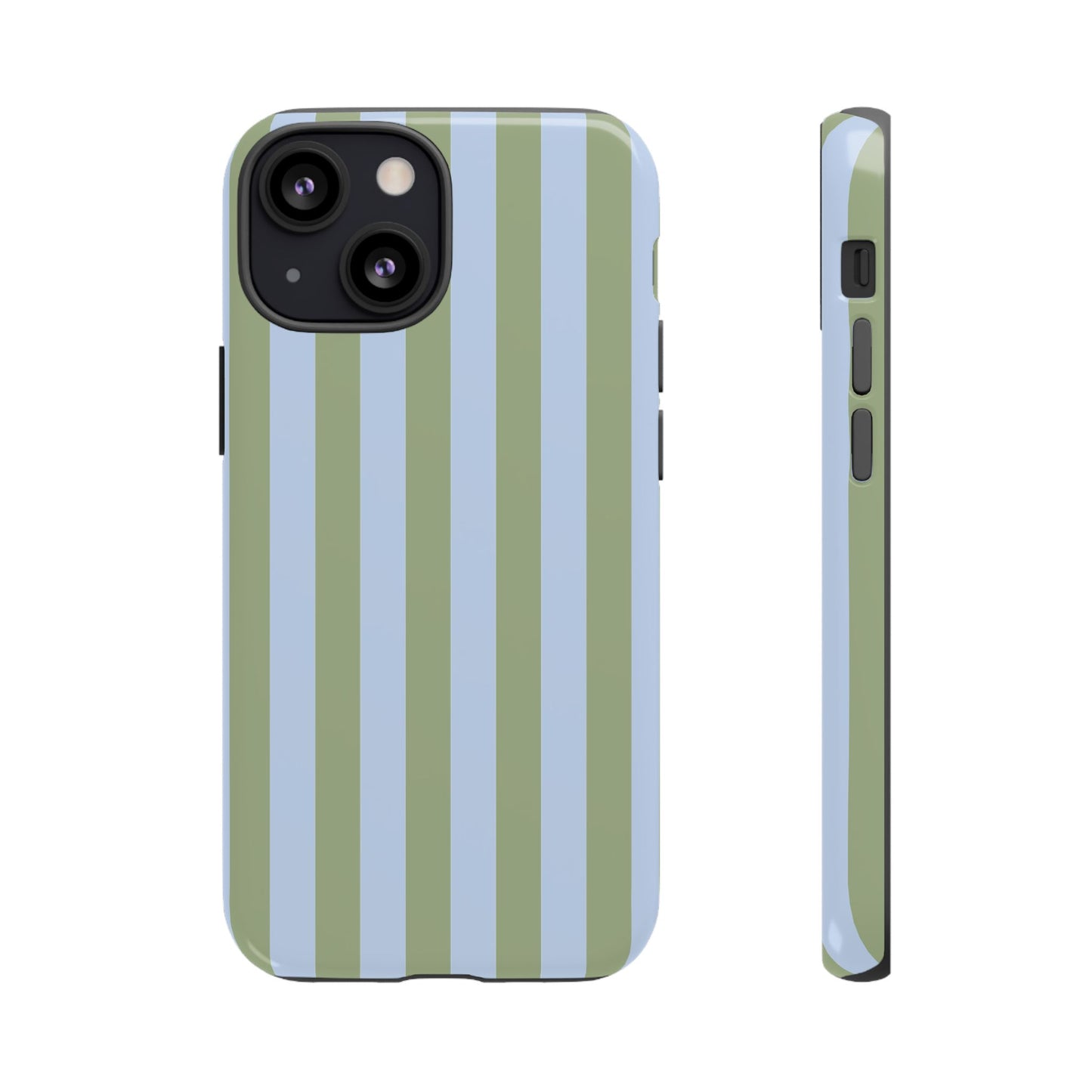 iPhone 13 Mini / Glossy Phone Case - Trendy Ice Blue & Green Stripe Pattern Phone Case
