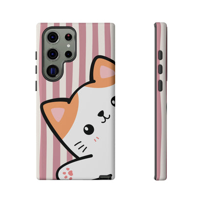 Playful Peakaboo Cat with Pink Stripe Pattern Phone Case - Pink Phone Case - Samsung Galaxy S23 Ultra / Glossy