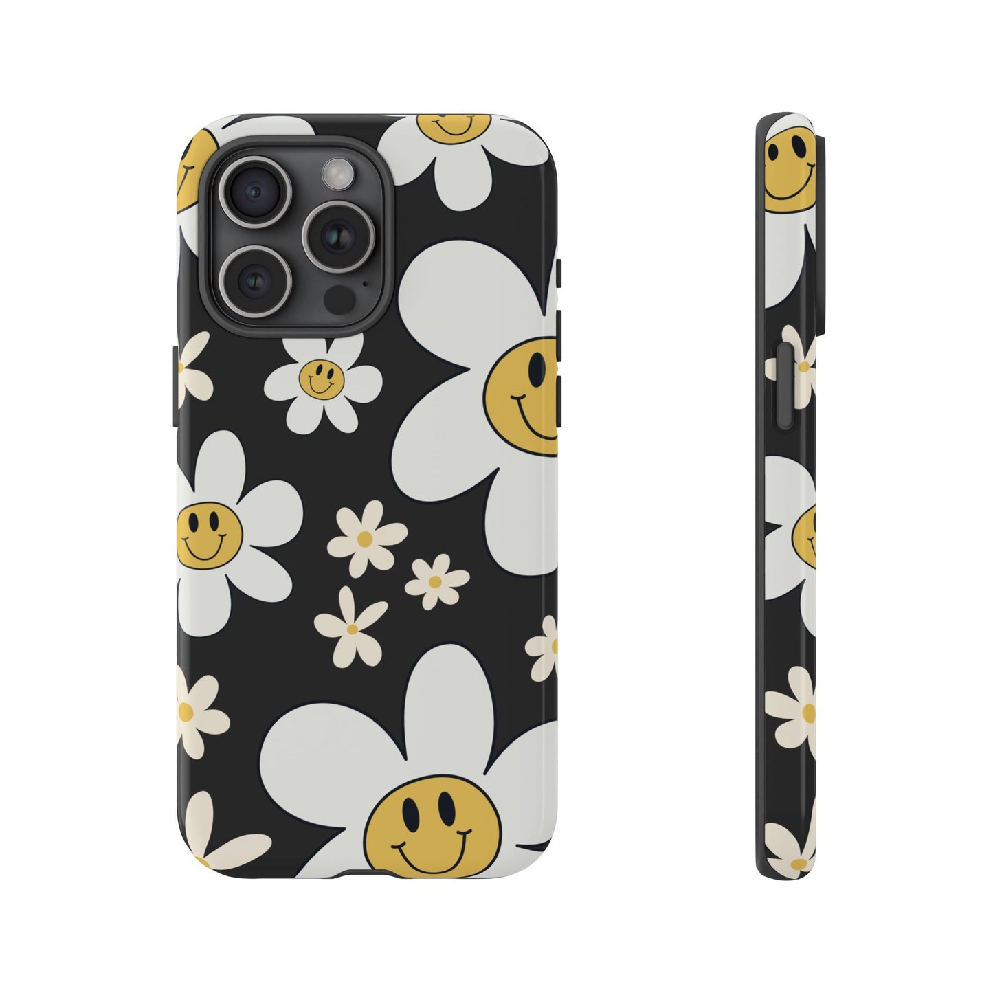 iPhone 15 Pro Max / Glossy Phone Case - Fun Retro Daisy Pattern with Dark Grey Background Phone Case