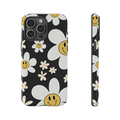 iPhone 15 Pro Max / Glossy Phone Case - Fun Retro Daisy Pattern with Dark Grey Background Phone Case