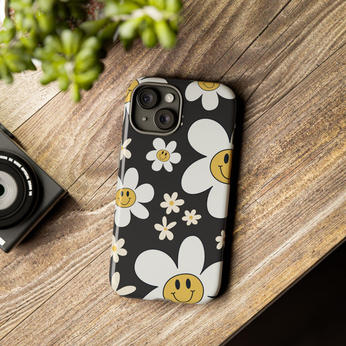 Fun Retro Daisy Pattern with Dark Grey Background Phone Case - Grey Phone Case