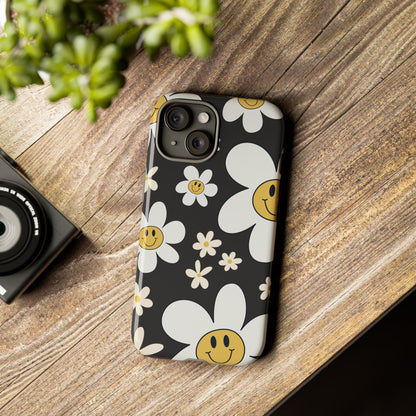 Fun Retro Daisy Pattern with Dark Grey Background Phone Case - Grey Phone Case