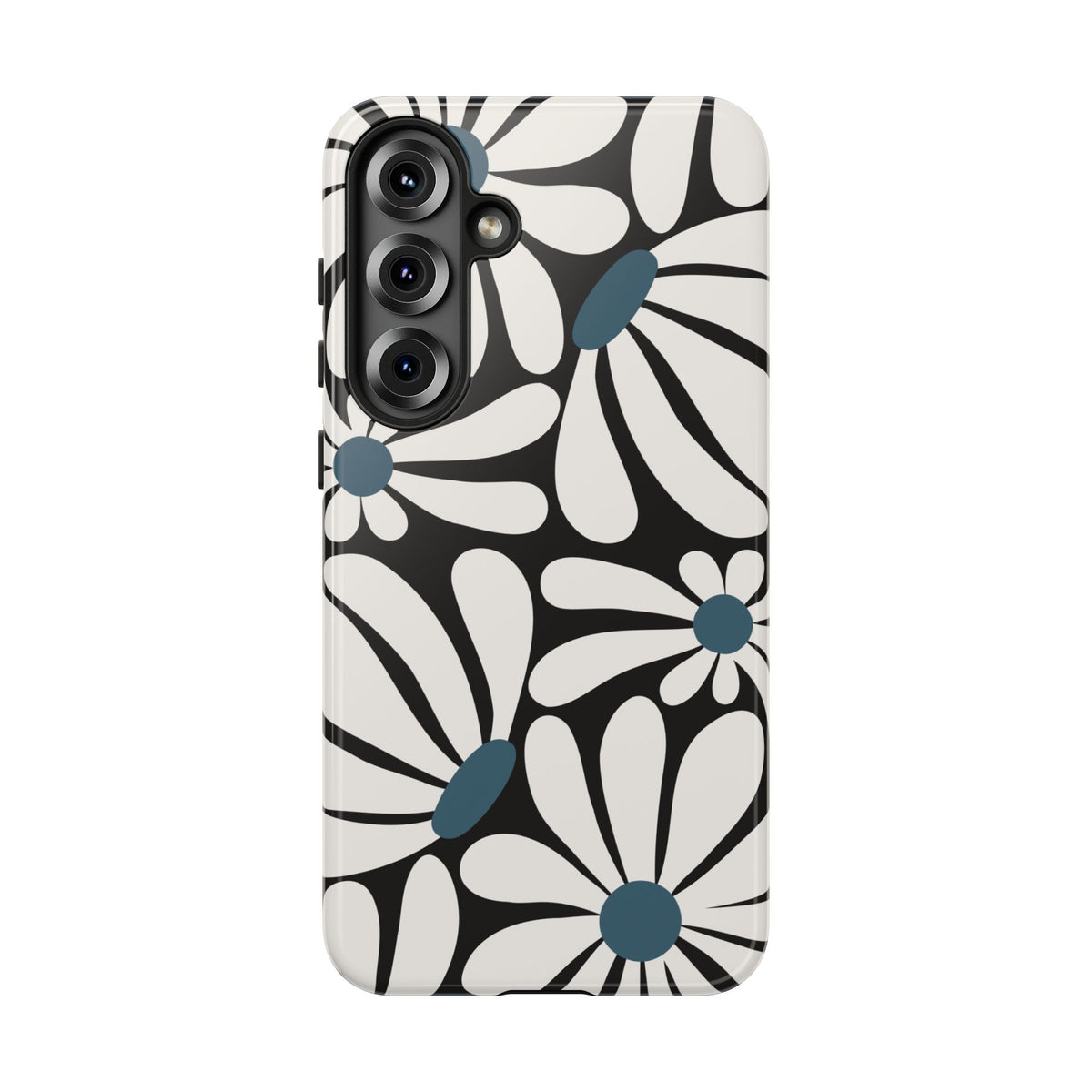 Retro Black Daisy Pattern Phone Case - Black Phone Case - Samsung Galaxy S25 Plus / Glossy